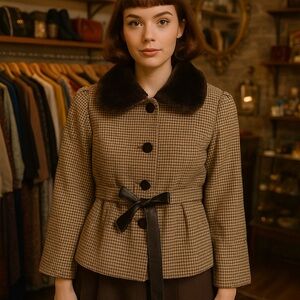 Vintage Cat Walk Houndstooth Jacket Faux Fur Collar Belted Coat Made in USA